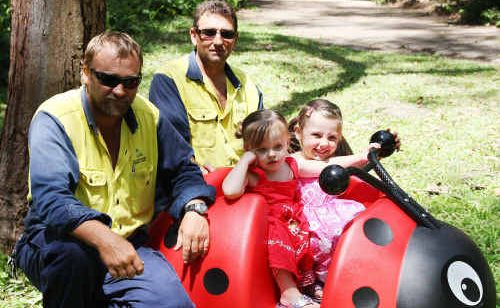 Council workers Steve Challis and Tony Shmakov watch Ashlyn and Cailin Martin try out the new play equipment to be installed at parks around the region. Council workers Steve Challis and Tony Shmakov watch Ashlyn and Cailin Martin try out the new play equipment to be installed at parks around the region.